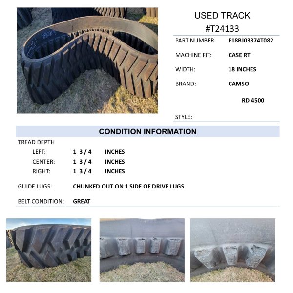 18" Camso 4500 Hi Roading 90% with light drive cog damage CASE RowTrac T24133